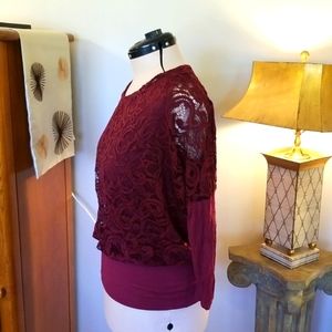 JOSEPH A Size Large Maroon Lace and Jersey top